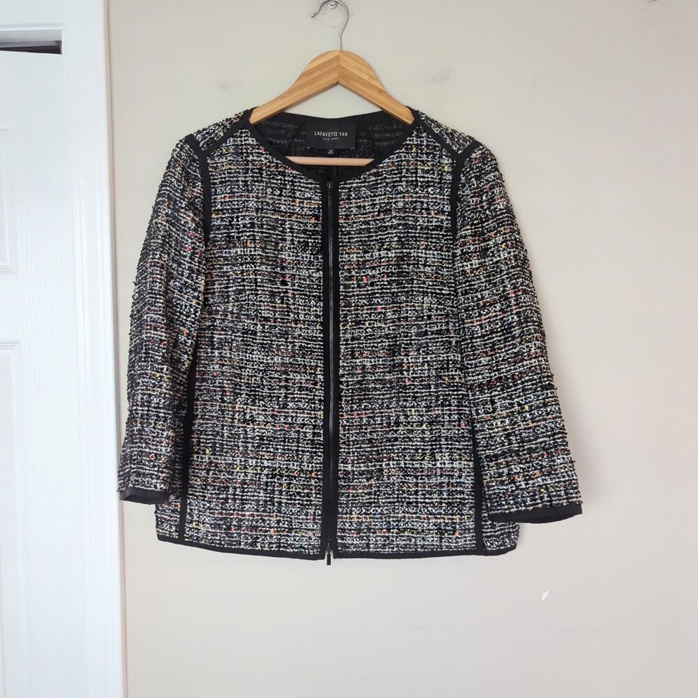 Lafayette 148 Black Tweed Zip Front Boxy Collarless Blazer Size Medium Business